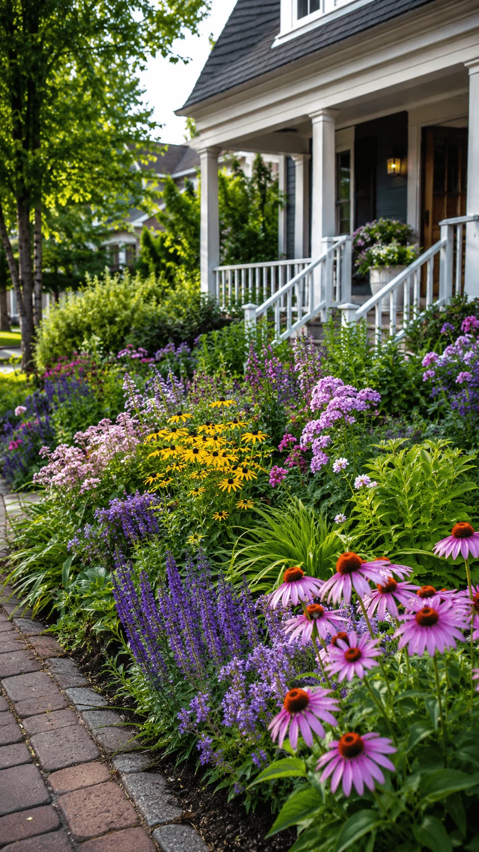 Pollinator friendly front yard garden with purple coneflowers yellow black eyed Susans native blooms and lush greenery beside a brick pathway