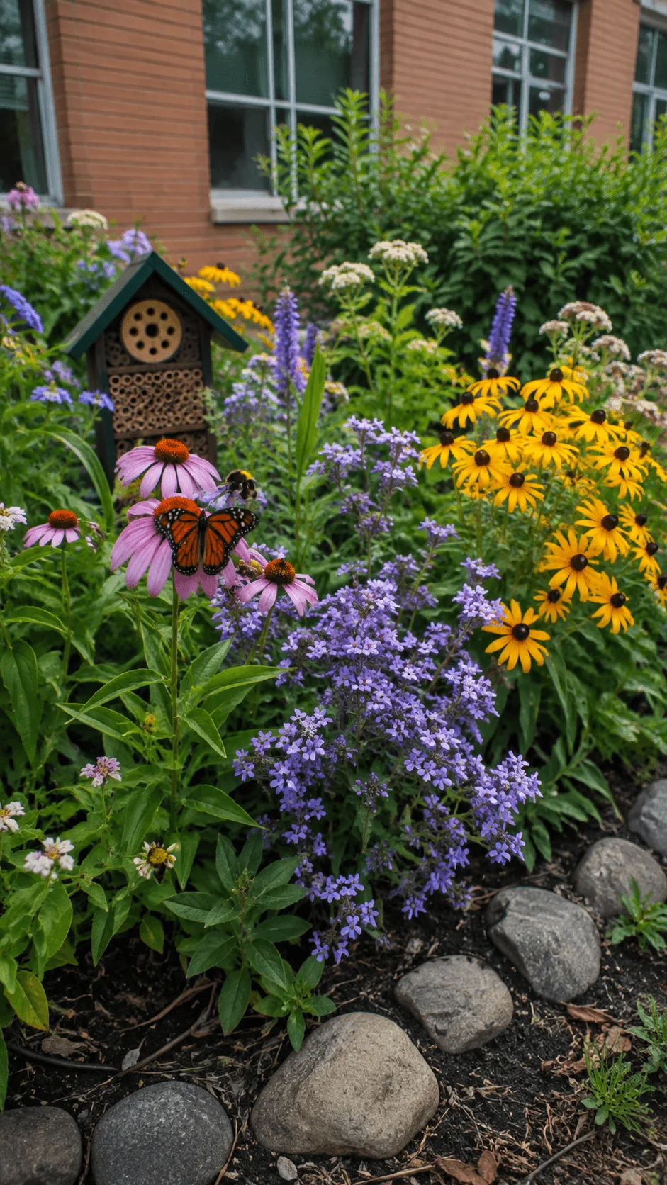 Pollinator pocket garden with purple coneflowers yellow black eyed Susans blooming native flowers a monarch butterfly a bumblebee and an insect hotel on school grounds