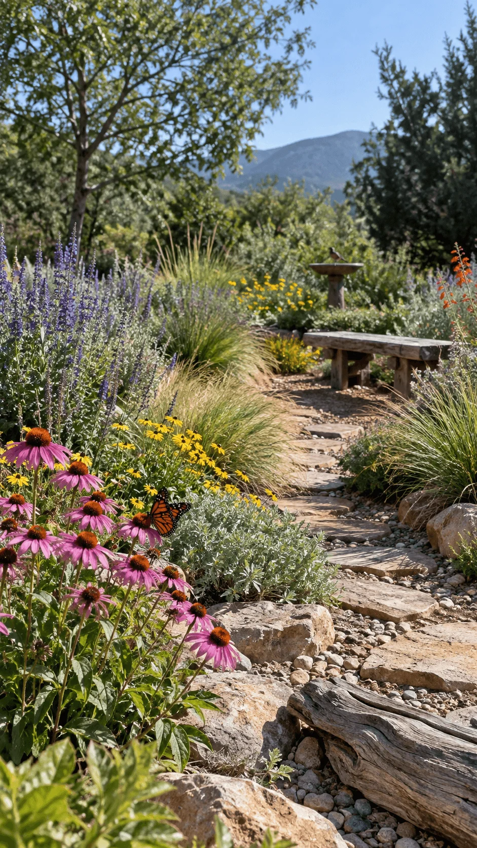Pollinator xeriscape garden with native purple coneflowers yellow wildflowers ornamental grasses monarch butterfly natural stone path rustic bench birdbath and mountain backdrop