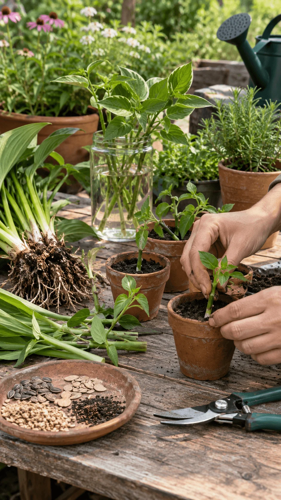 Propagating new plants from cuttings, divisions, and seeds using terracotta pots, water jars, and simple gardening tools on a rustic outdoor table