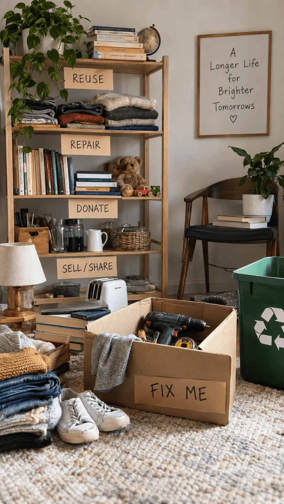 Home reuse and repair station with clothes books toys jars tools and household items organized for repairing donating sharing and reusing before recycling