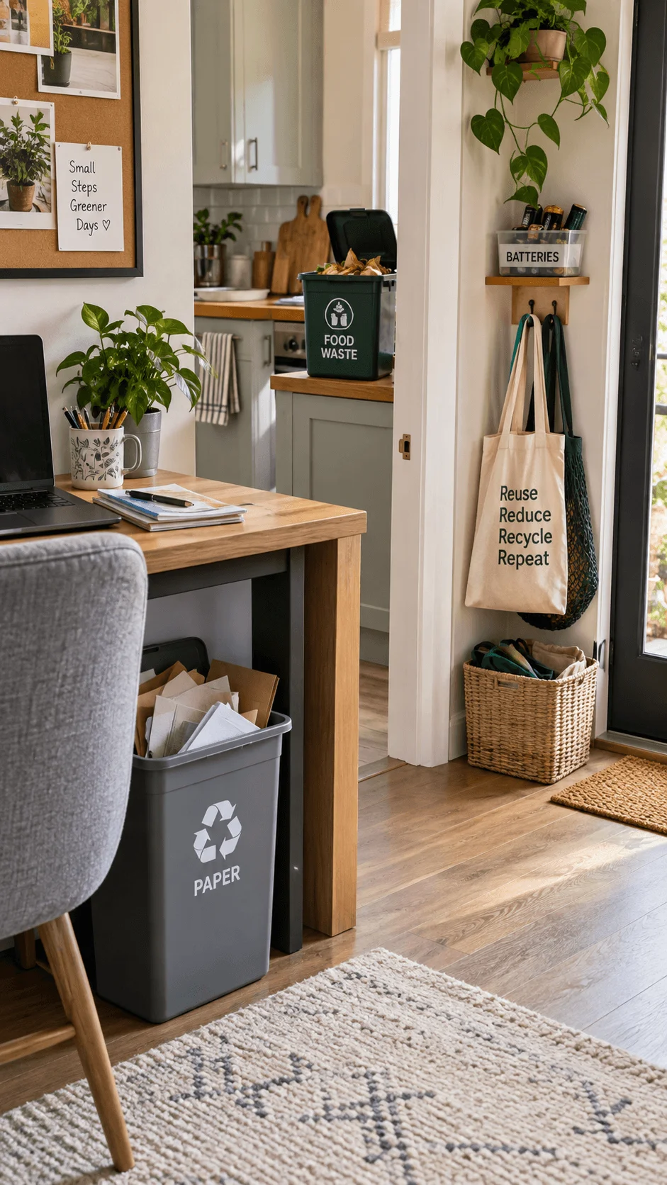 Home waste sorting setup with a paper recycling bin beside a desk food waste container in the kitchen battery collection shelf reusable shopping bags near the door and organized storage for everyday recycling