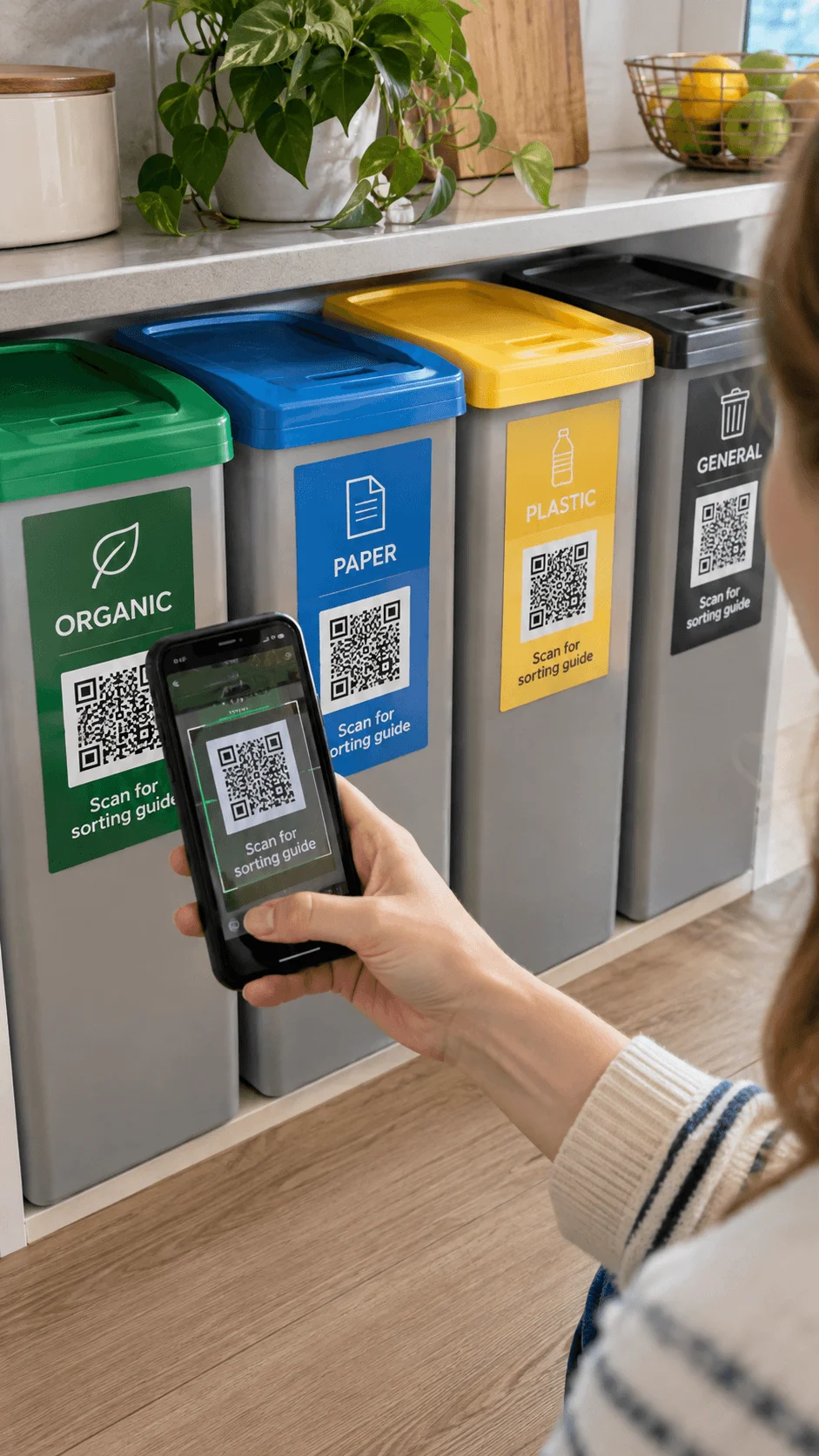 QR code eco friendly waste sorting baskets for organic waste paper plastic and general waste with smartphone scanning guide