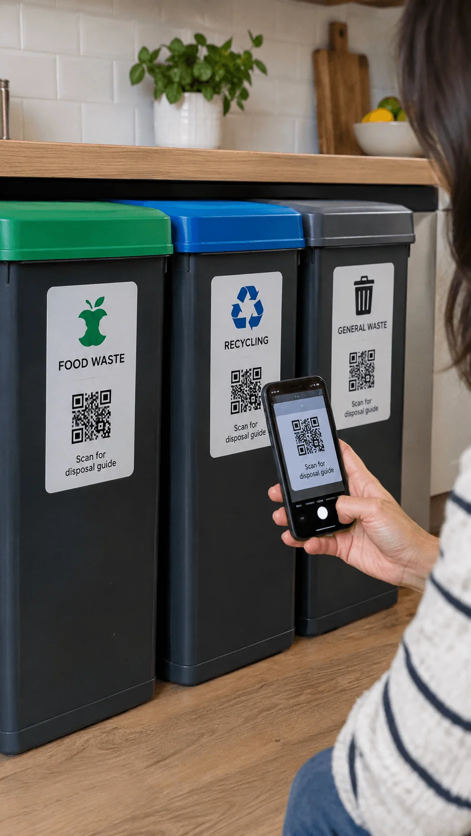 QR code home waste sorting system with separate bins for food waste recycling and general waste while a person scans a disposal guide using a smartphone