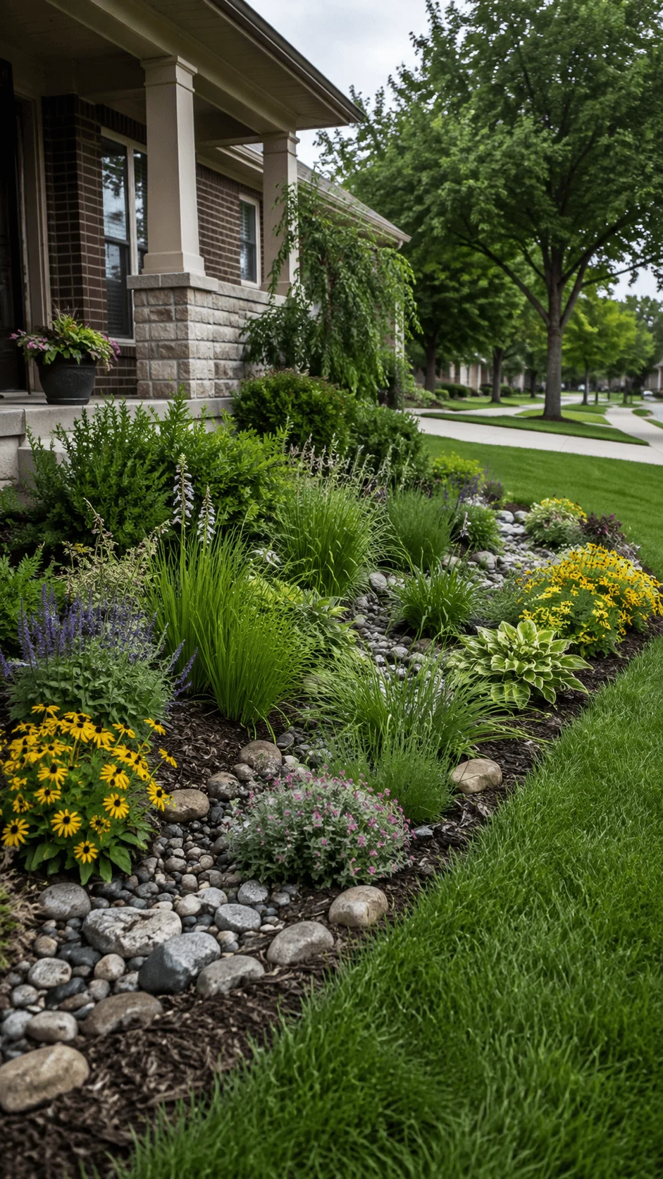 Rain garden front yard with native flowers ornamental grasses river rocks and a landscaped drainage channel