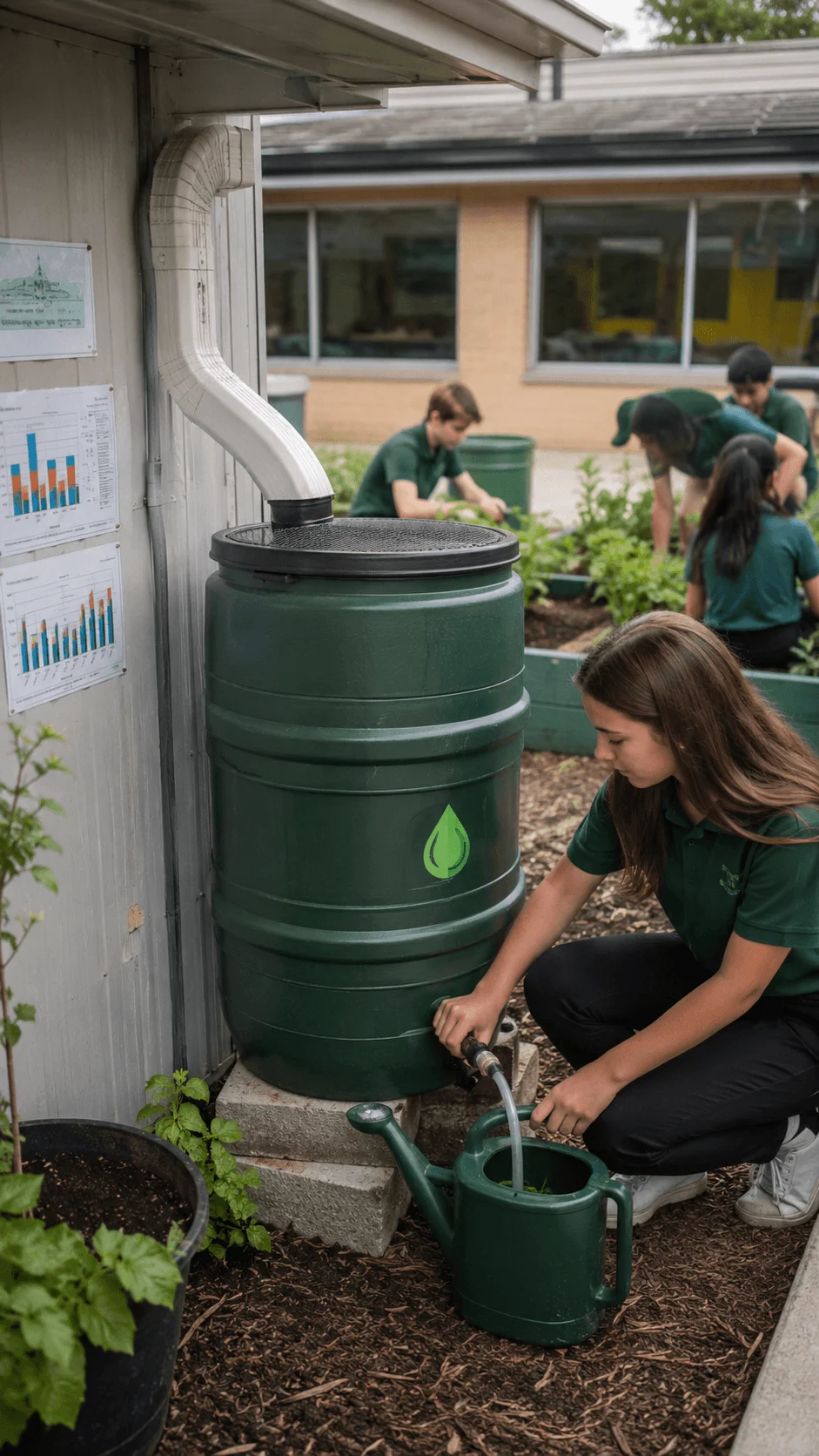 High school student collecting harvested rainwater from a barrel into a watering can for use in a sustainable school garden