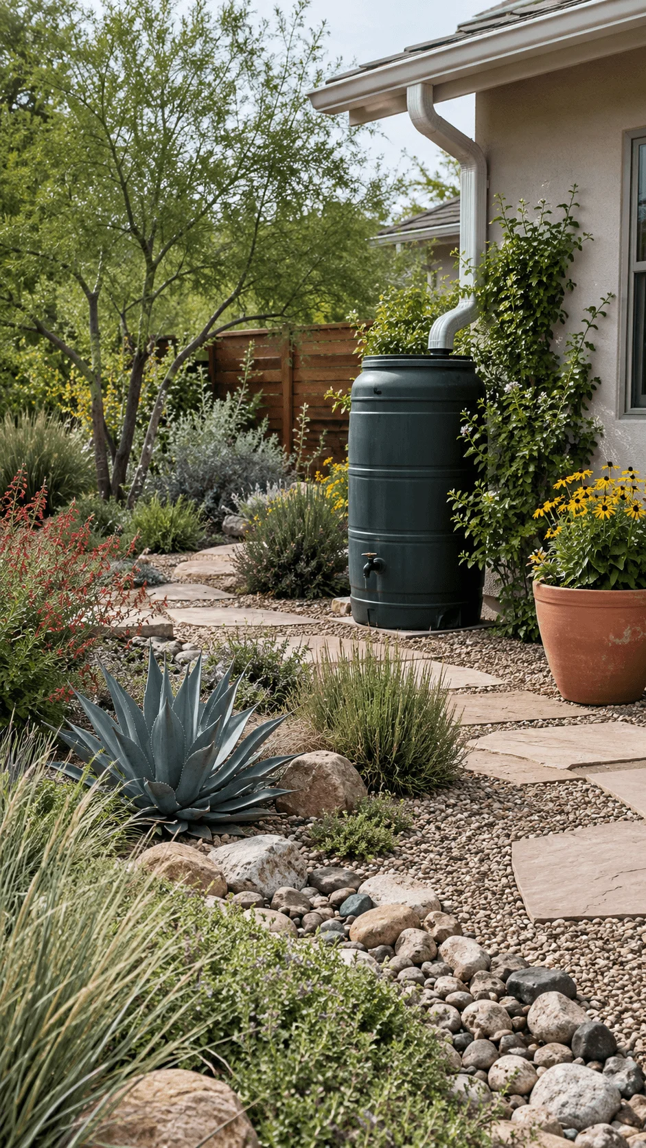 Rainwater harvesting xeriscape garden with rain barrel drought tolerant plants ornamental grasses agave natural rocks gravel and stone pathway