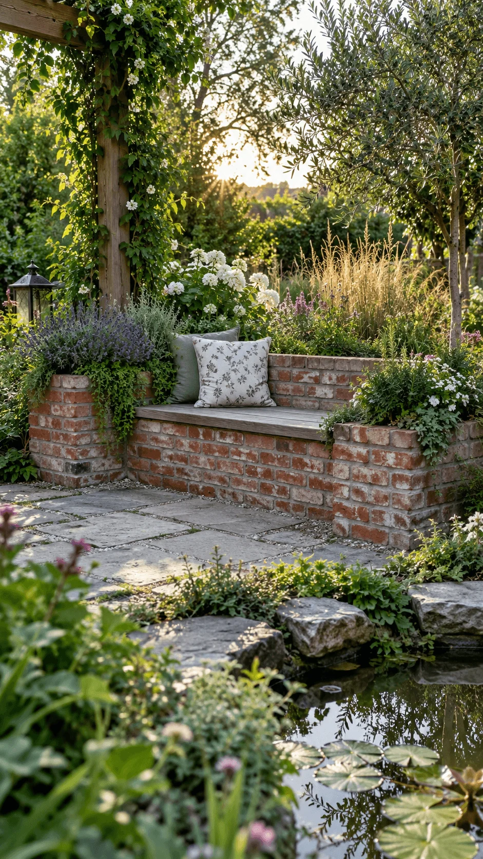Reclaimed brick garden bench with integrated planters surrounded by lush flowers ornamental grasses climbing plants and a peaceful wildlife pond