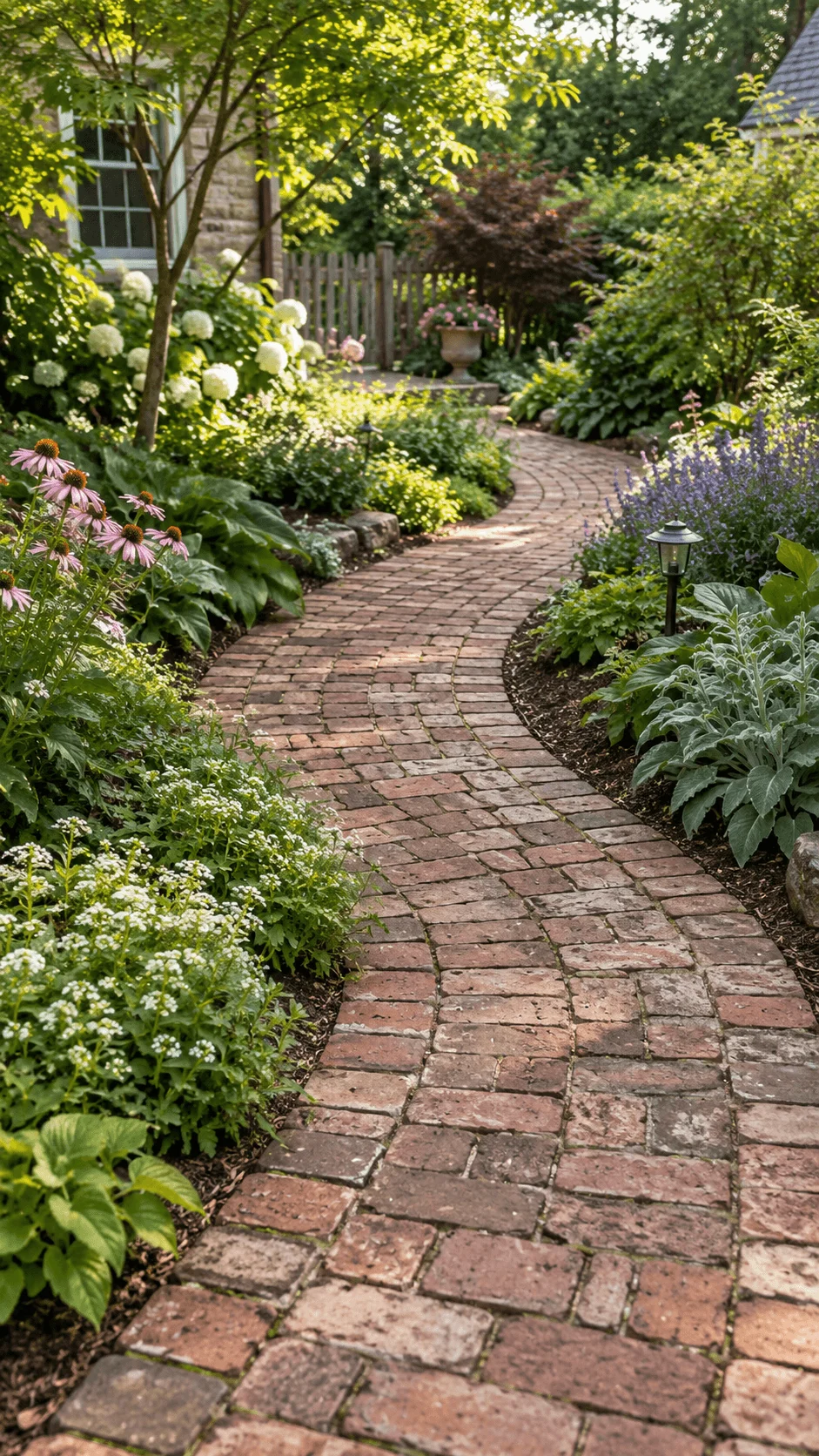 Reclaimed brick garden path winding through lush flower beds with hydrangeas coneflowers lavender leafy plants and soft garden lighting