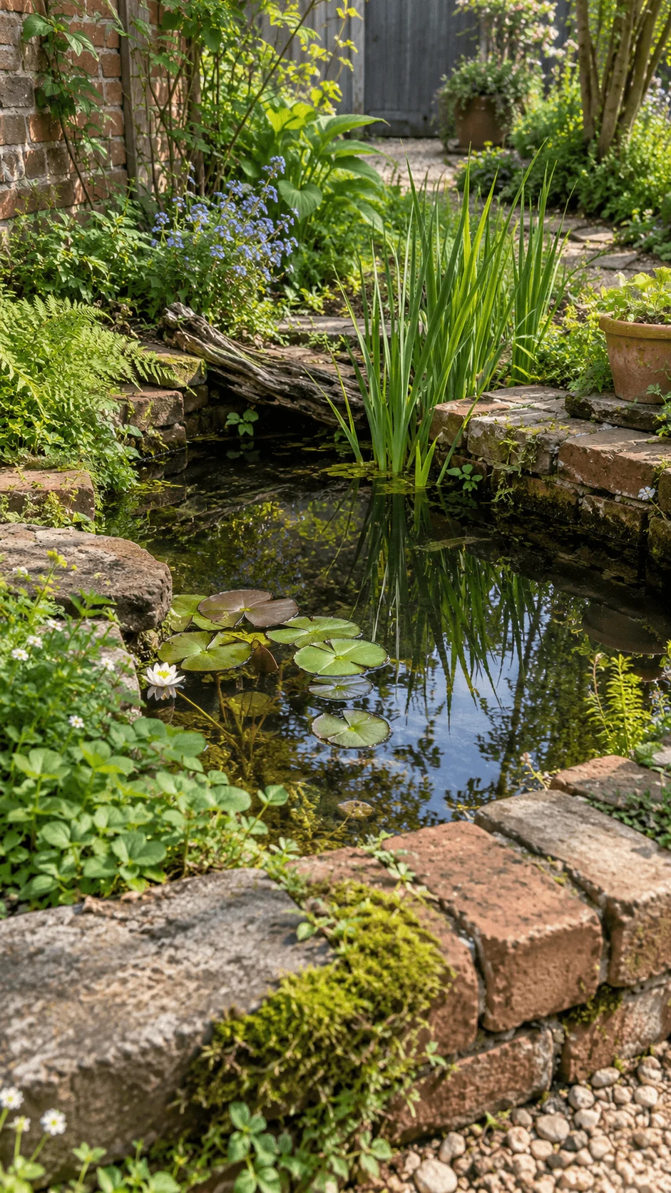 Reclaimed brick mini wildlife pond surrounded by water lilies tall aquatic plants ferns flowers moss and lush garden greenery