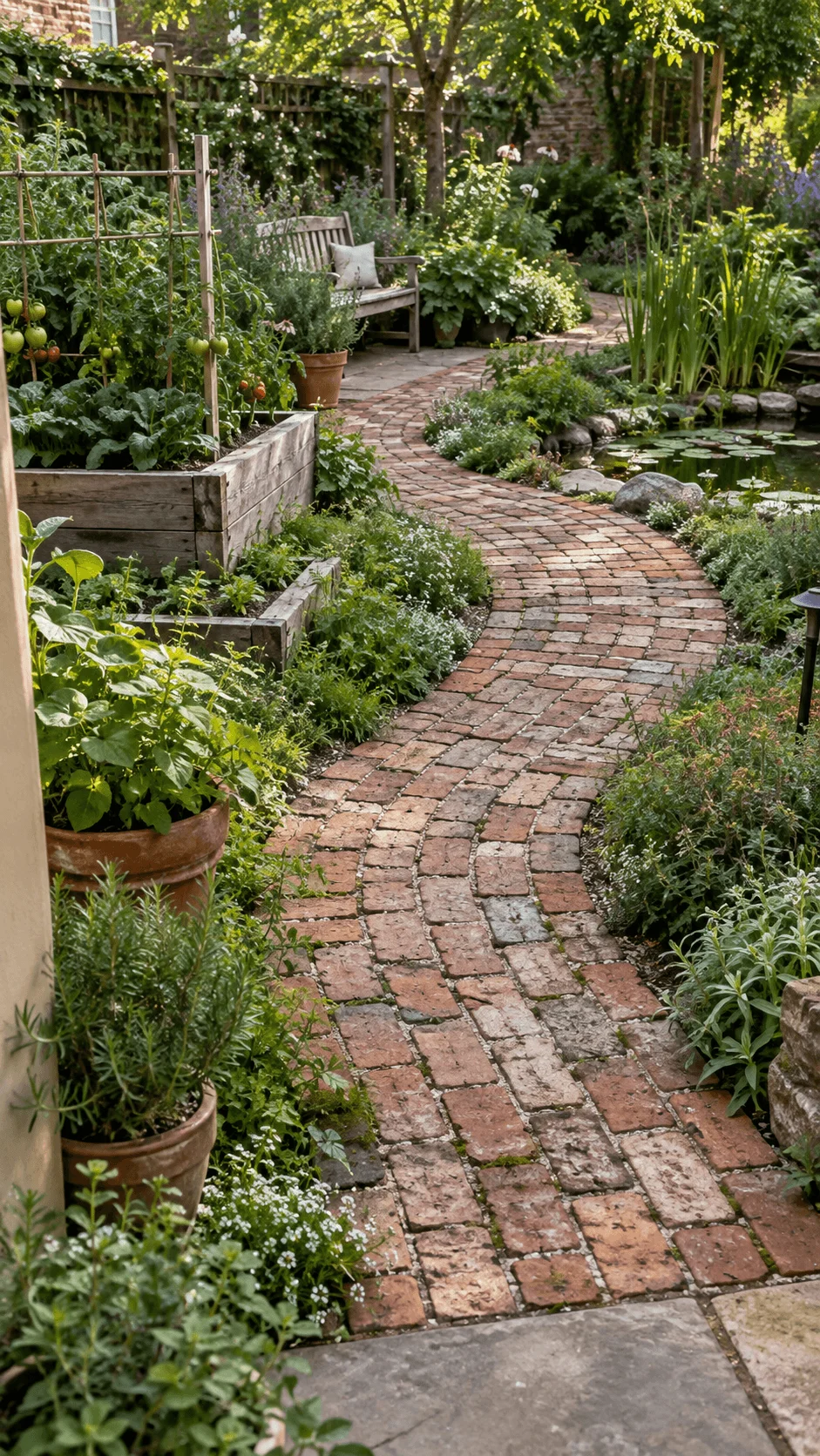 Reclaimed brick permeable garden path winding through lush planting raised vegetable beds herbs flowers and a small wildlife pond
