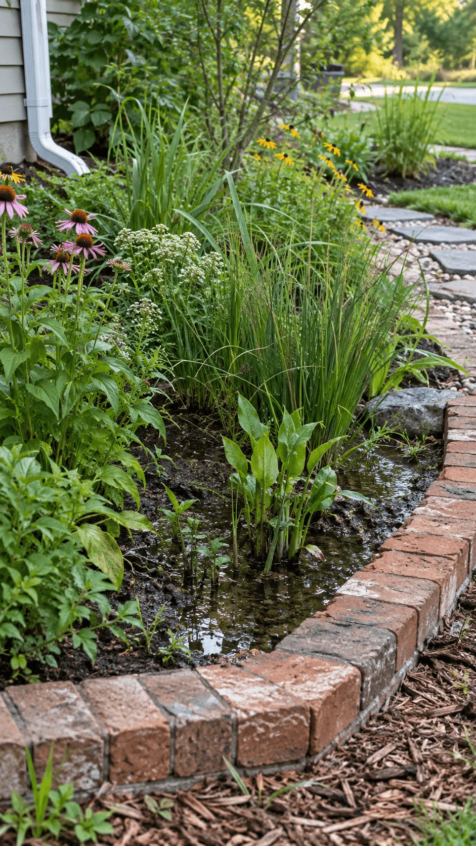 Reclaimed brick rain garden edge surrounding moisture loving plants grasses and colorful flowers collecting rainwater beside a home