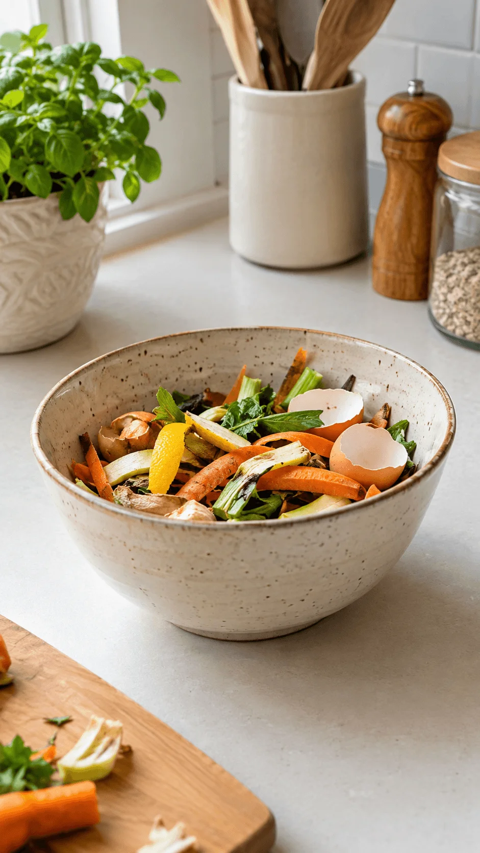 Reclaimed ceramic bowl filled with vegetable peels and food scraps on a kitchen countertop