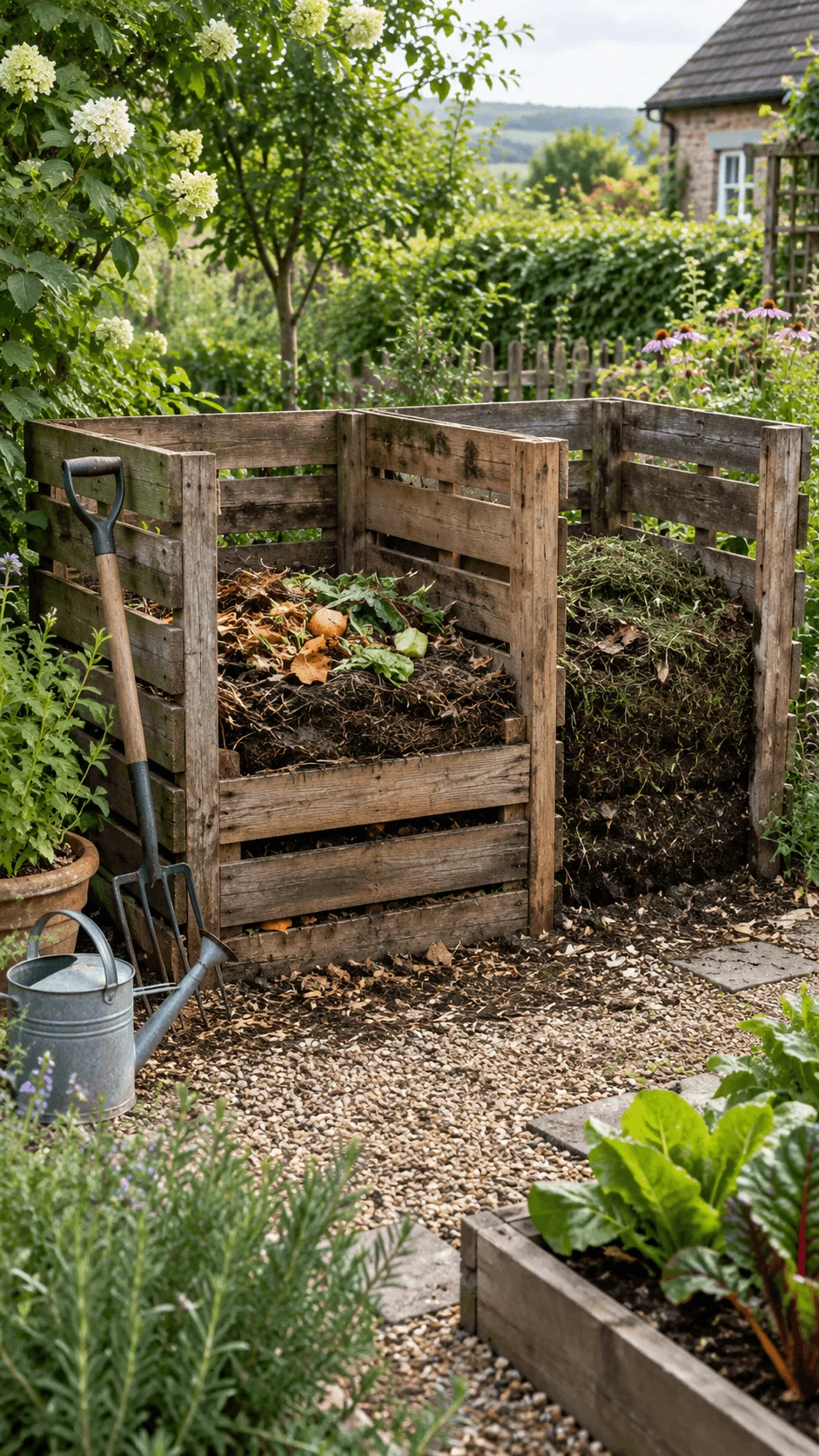 Reclaimed pallet compost station filled with garden waste leaves and organic material surrounded by raised vegetable beds flowering plants and gardening tools