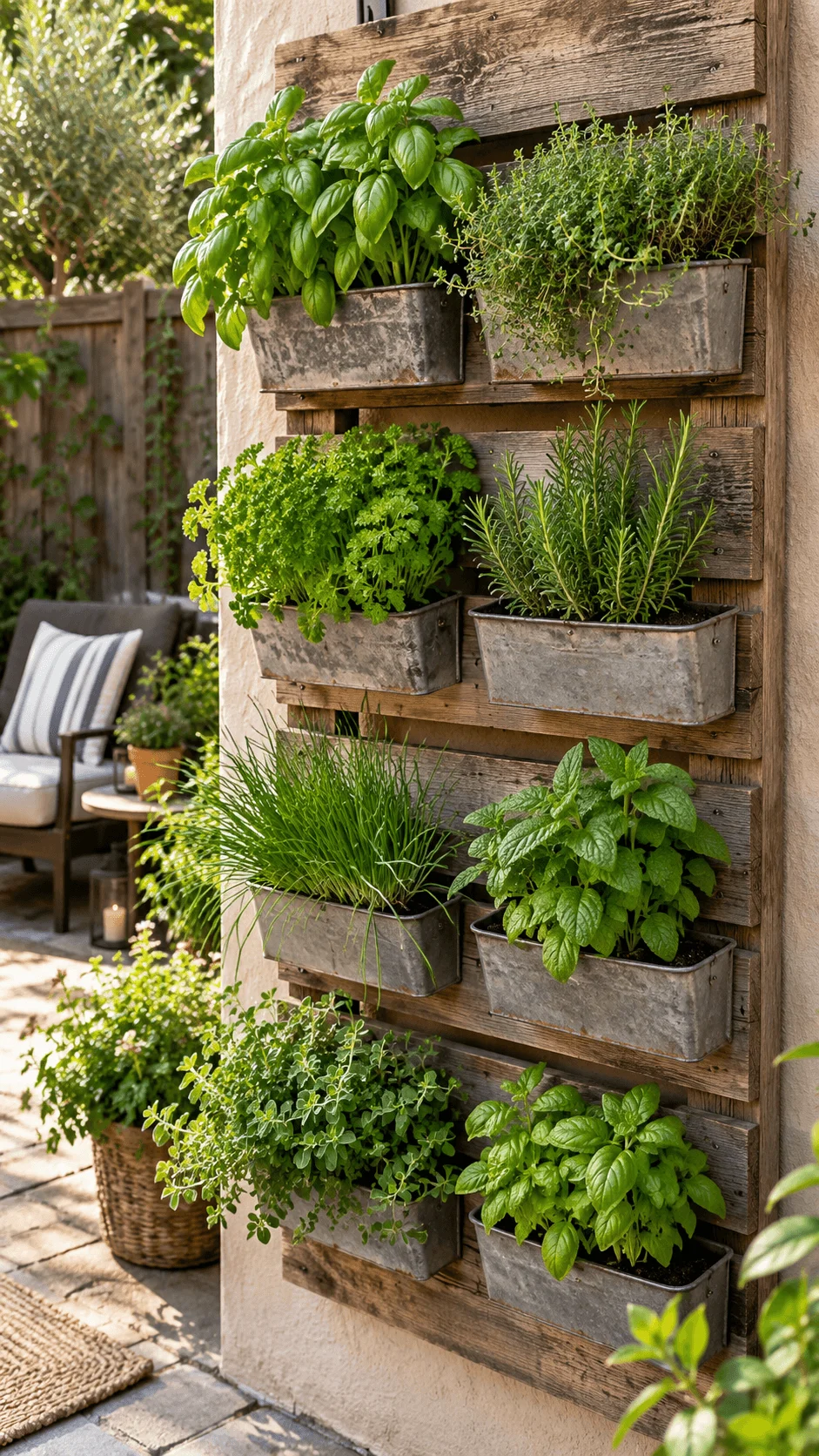 Reclaimed wood vertical herb wall with metal planters filled with basil thyme parsley rosemary chives mint oregano and other fresh herbs in a sunny outdoor patio garden