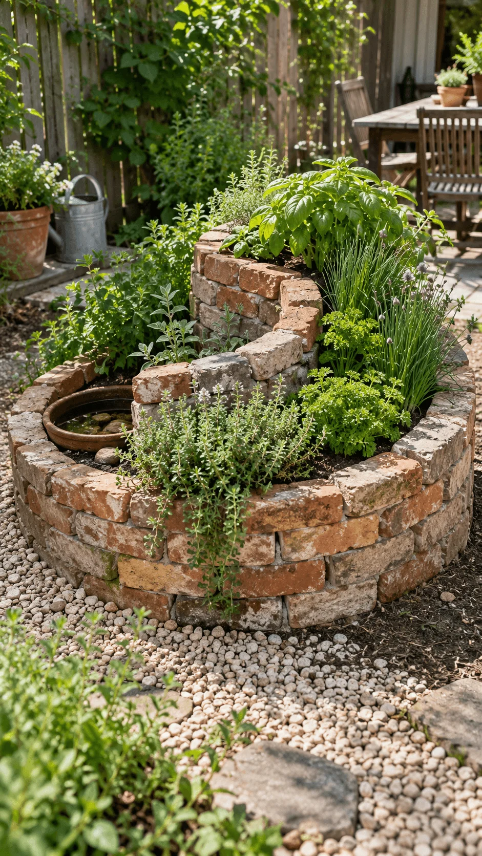 Recycled brick herb spiral filled with basil thyme parsley chives and other fresh herbs in a sunny sustainable backyard garden