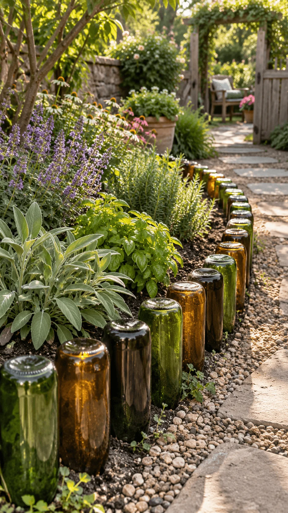 Recycled glass bottle garden border made with green and amber bottles edging a lush herb and flower bed beside a natural garden pathway