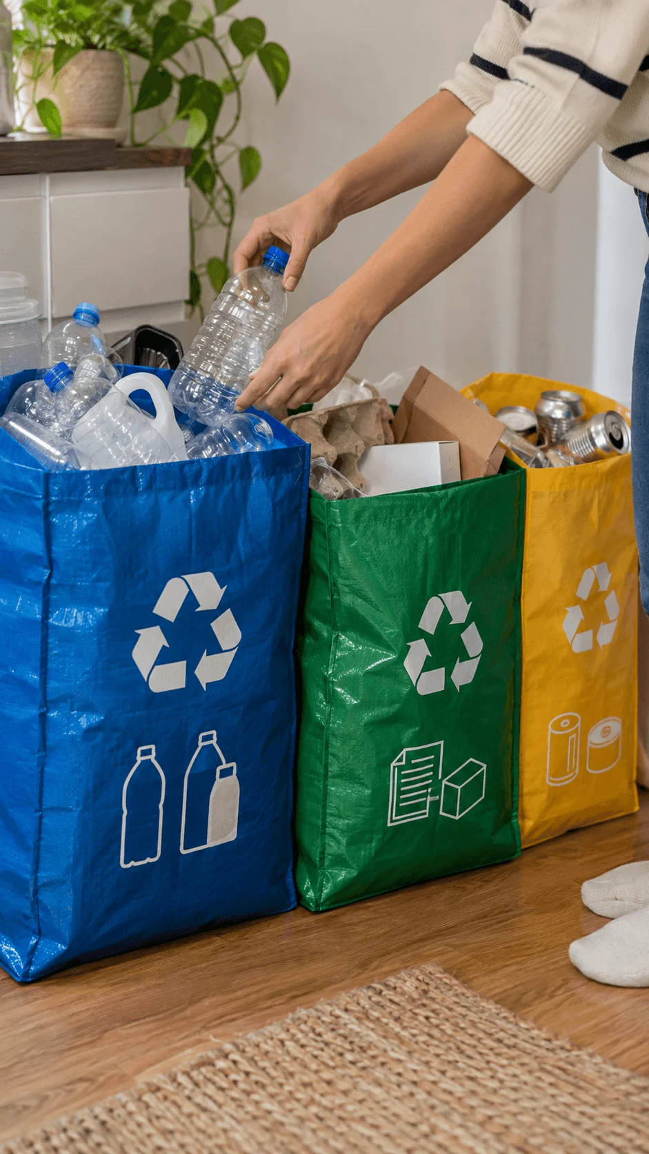 Recycled material waste sorting bags filled with plastic bottles paper cardboard and metal cans while a person sorts household recyclables