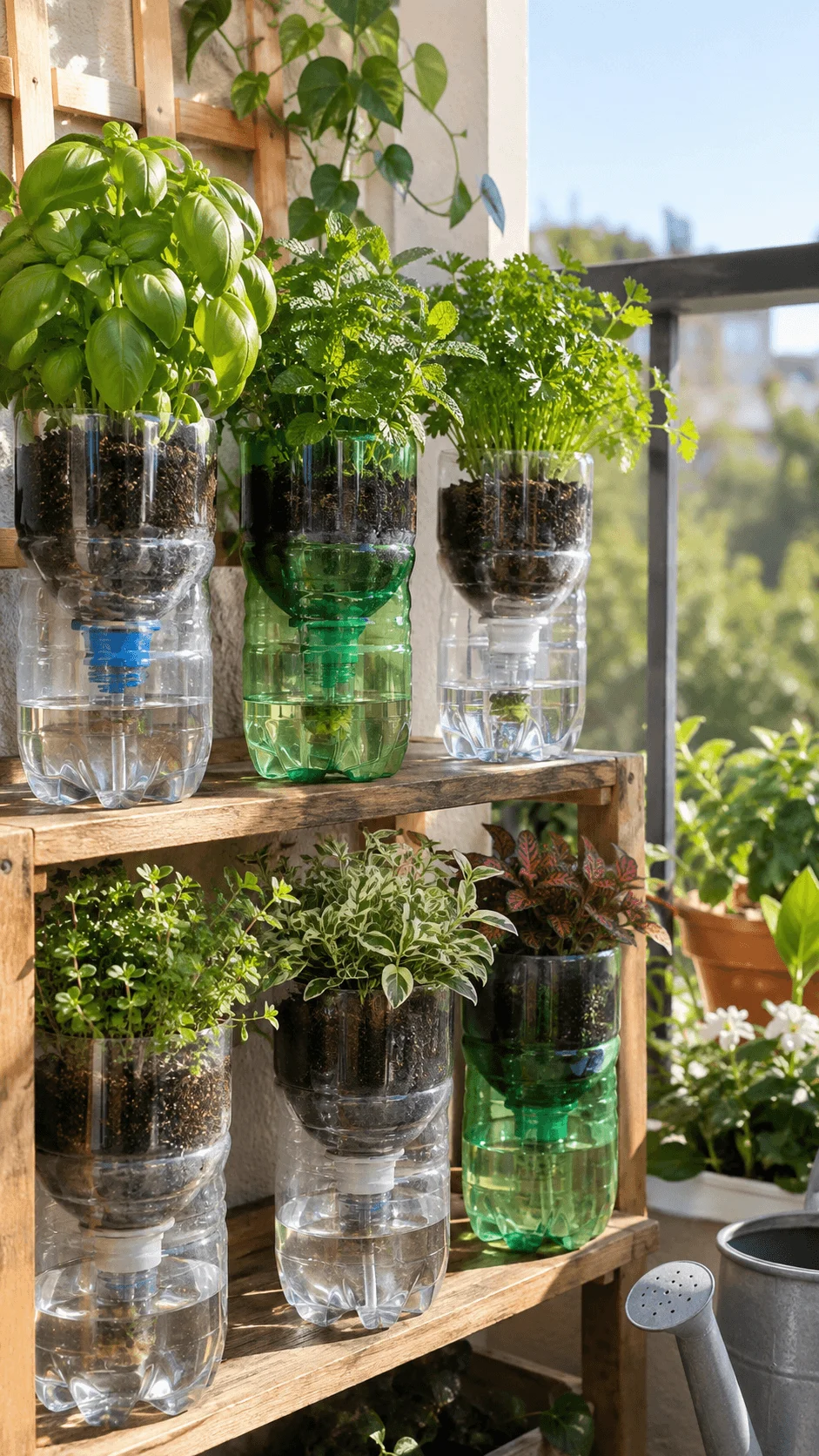 Recycled plastic bottle self watering planters filled with basil mint parsley thyme and ornamental plants arranged on a wooden shelf in a sunny balcony garden