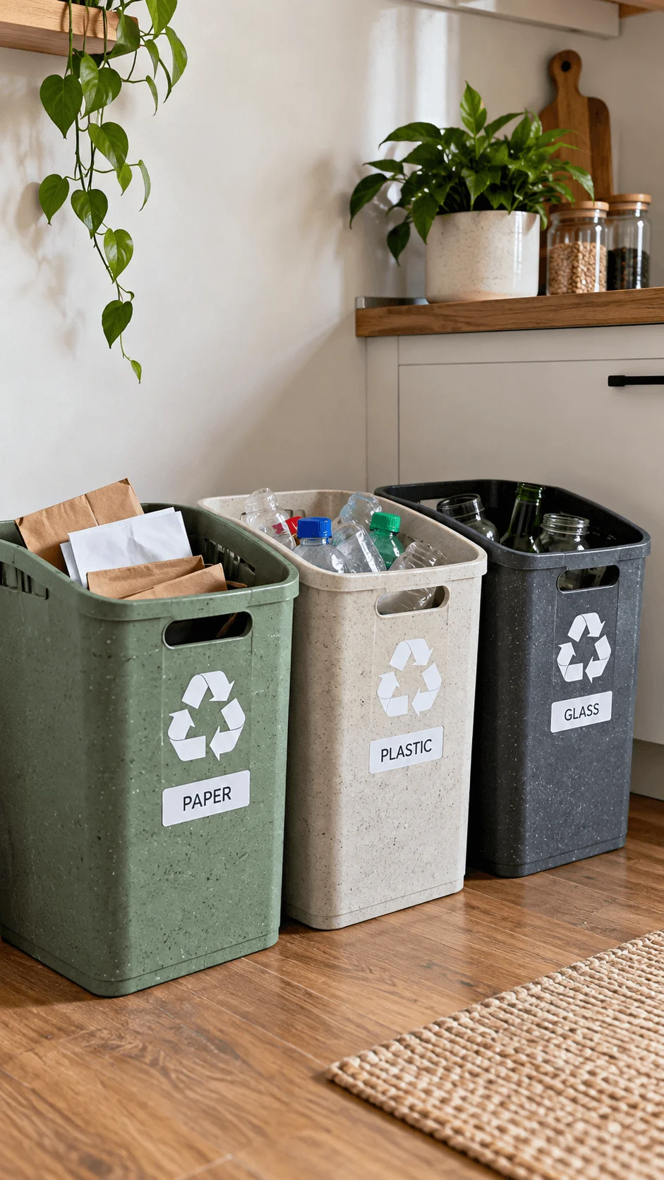 Recycled plastic waste sorting baskets for paper plastic and glass recycling in an eco friendly modern kitchen
