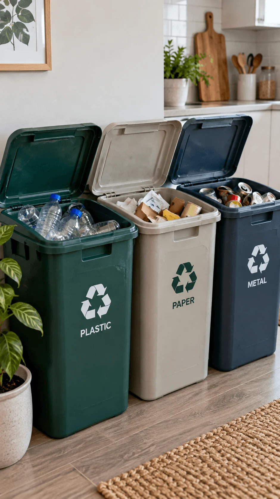 Recycled plastic waste sorting boxes for plastic paper and metal recycling in a bright modern kitchen with open lids and visible recyclable materials