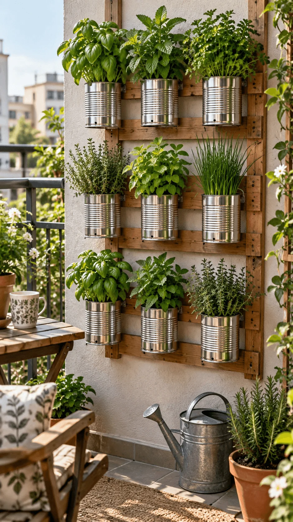Recycled tin can herb wall with basil mint parsley thyme chives and other fresh herbs planted in metal cans mounted on a reclaimed wood frame on a sunny balcony