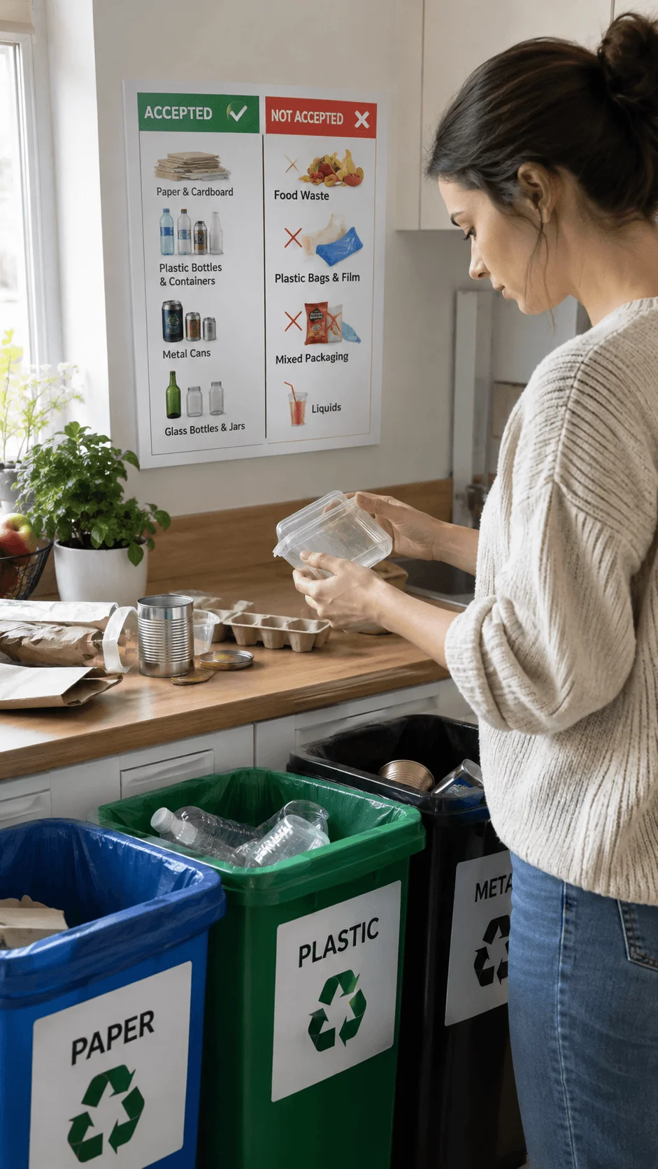 Woman pre sorting household recyclables into separate paper plastic and metal bins while checking accepted and rejected recycling materials