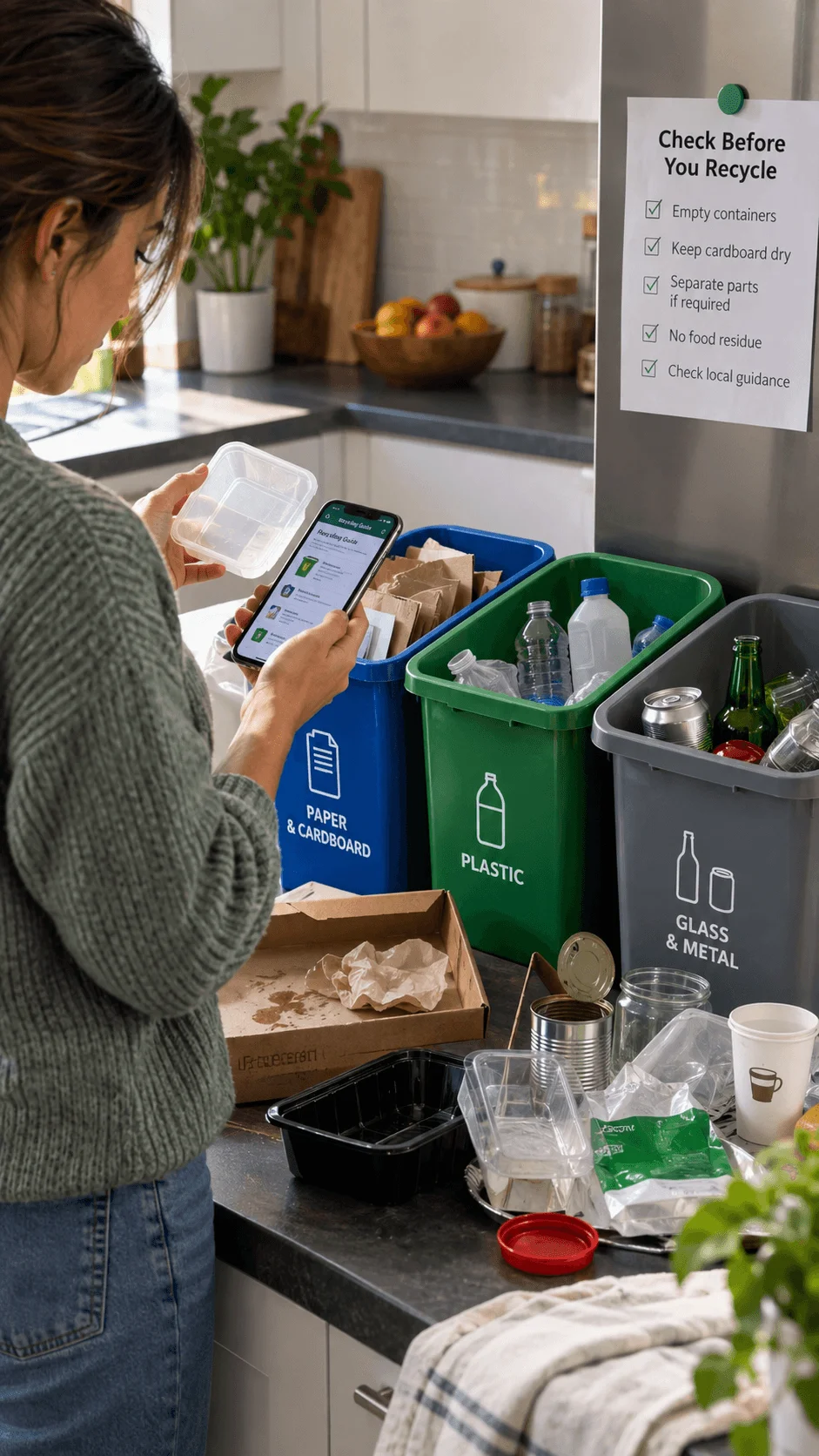 Person checking recycling guidance on a smartphone while sorting paper cardboard plastic glass and metal into separate recycling bins in a modern kitchen