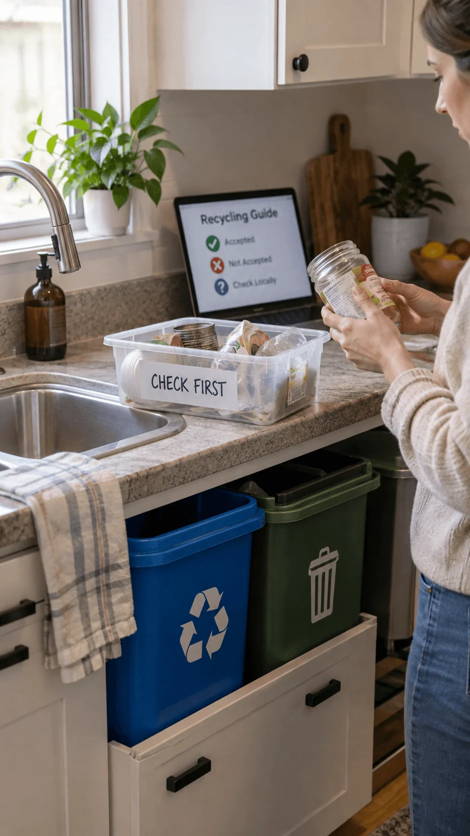 Woman checking a food container beside a recycling station with a check first box and digital recycling guide to reduce contamination.