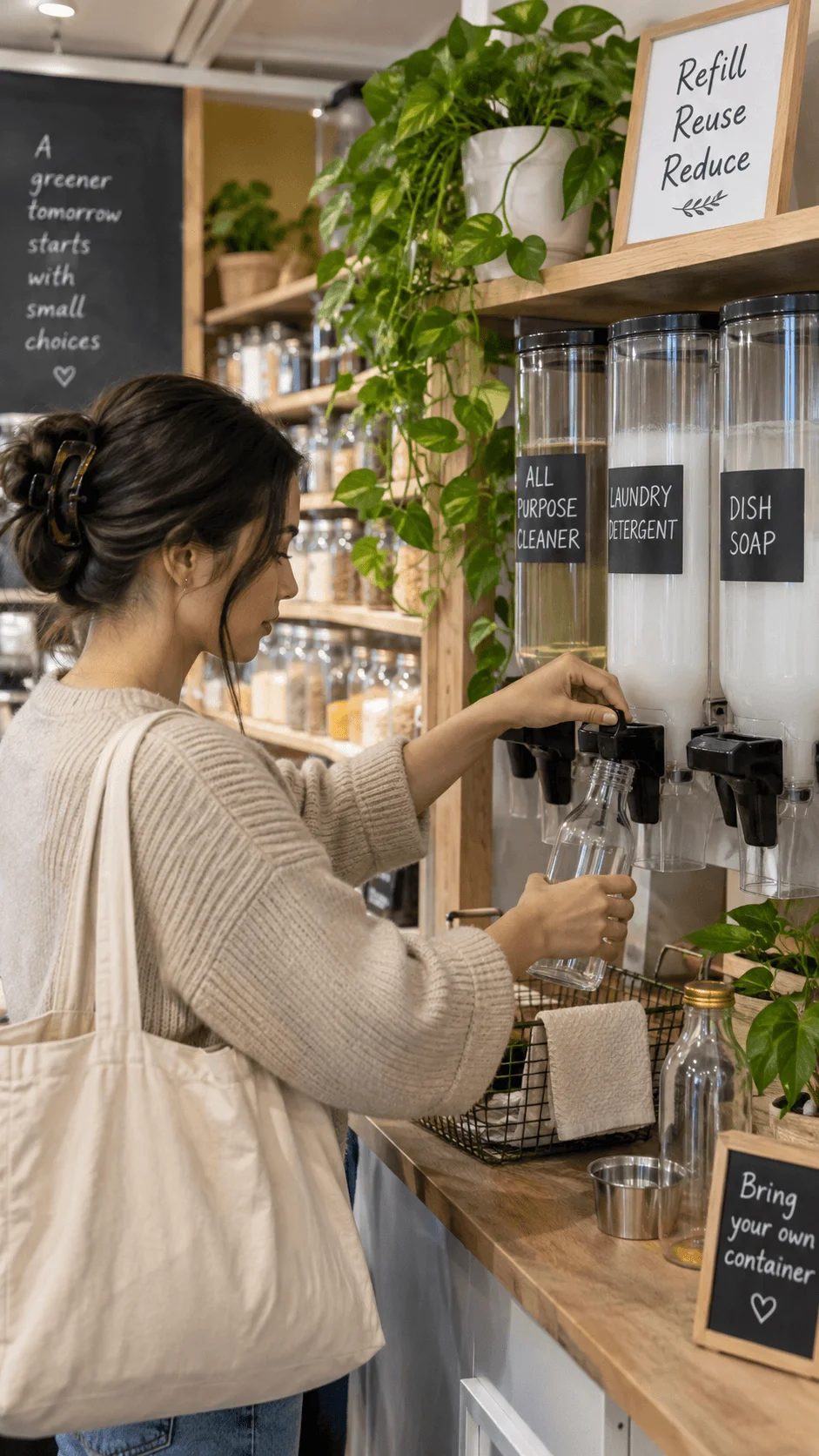 Refill and reuse station with a shopper filling a reusable bottle with household cleaner to reduce single use packaging and support zero waste living