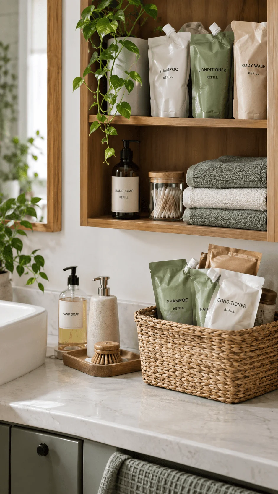 Refillable bathroom products with shampoo conditioner and body wash refill pouches in a low waste bathroom storage space