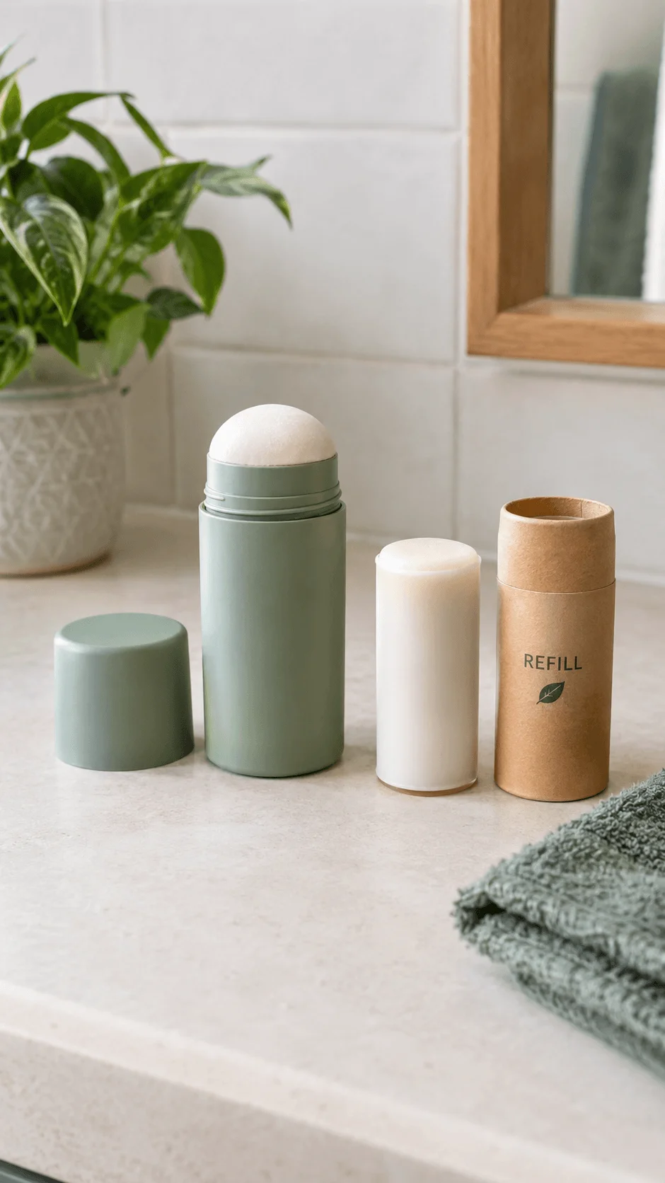Refillable deodorant containers on a bathroom counter with a reusable applicator, refill tube, green plant and folded towel