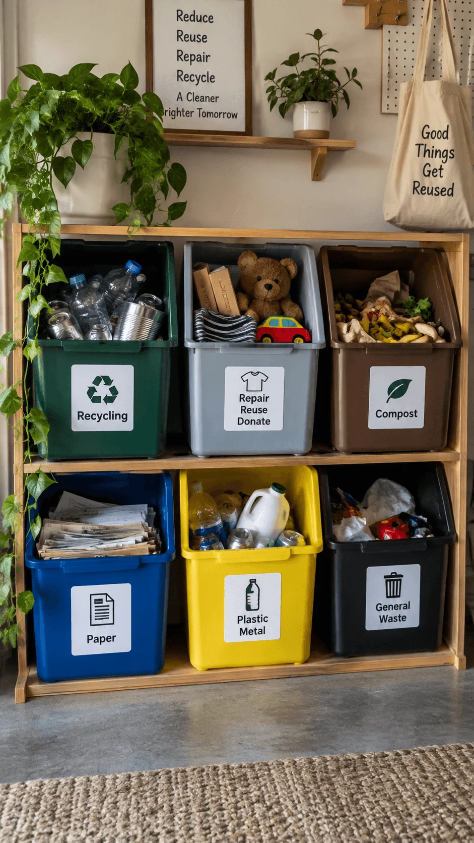 Repair reuse donate and recycling sorting station with separate bins for recyclable materials reusable items compost paper plastic metal and general waste