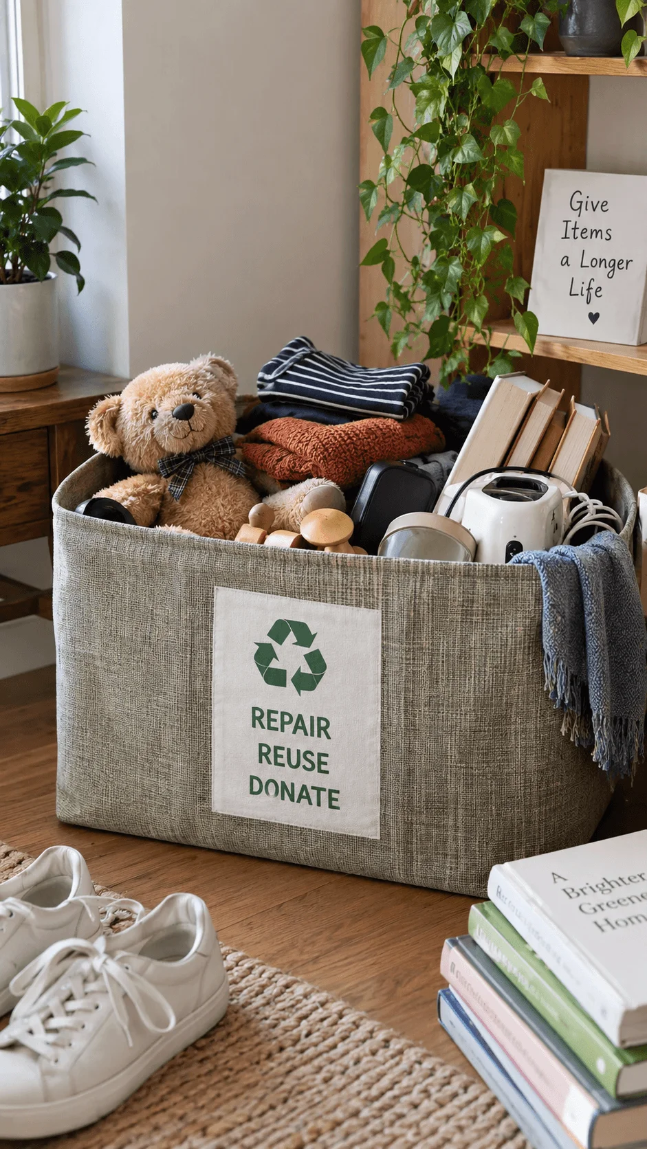 Repair reuse and donate basket filled with clothing toys books and household items for eco friendly waste prevention