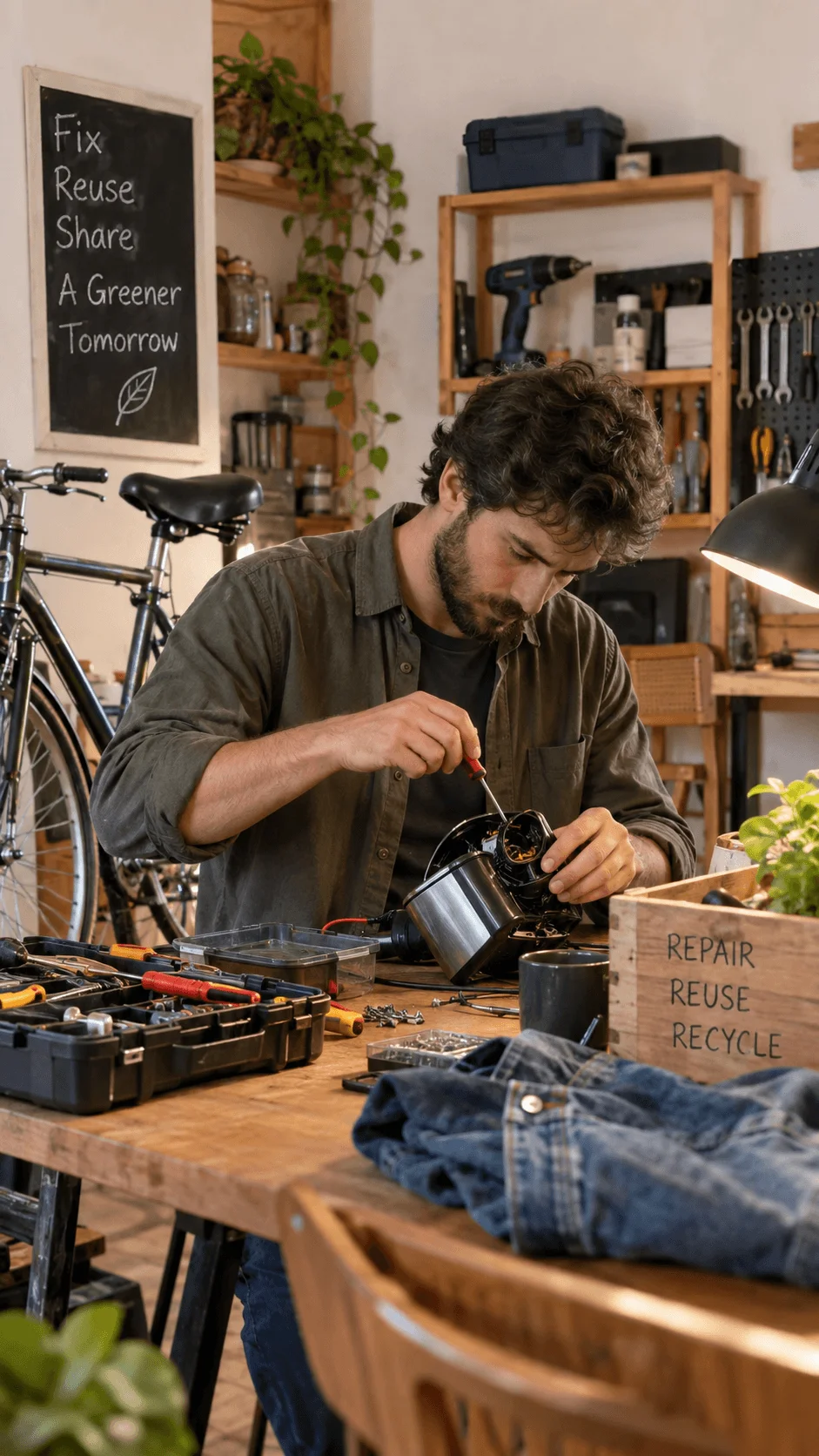 Repair and refurbish workshop with a person fixing a household appliance using tools beside a bicycle and reusable clothing to extend product life before recycling