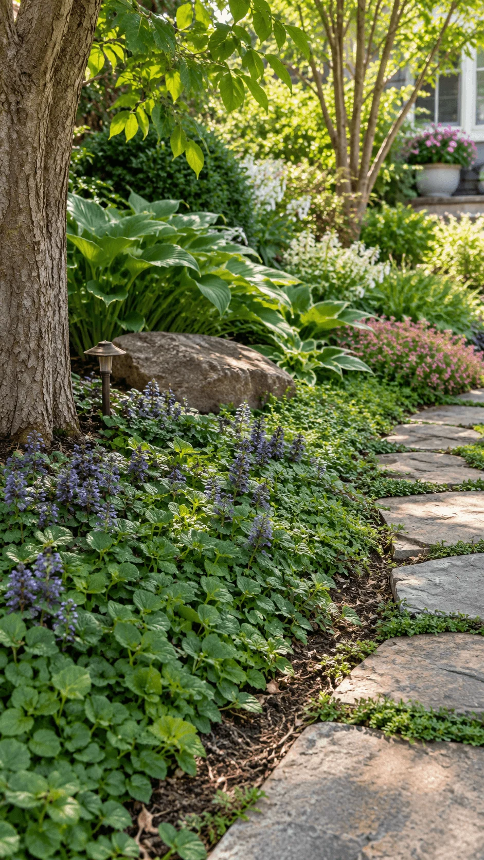 Eco friendly groundcover garden with lush low growing plants, purple flowers, mature shade trees, natural rocks and a winding stone pathway