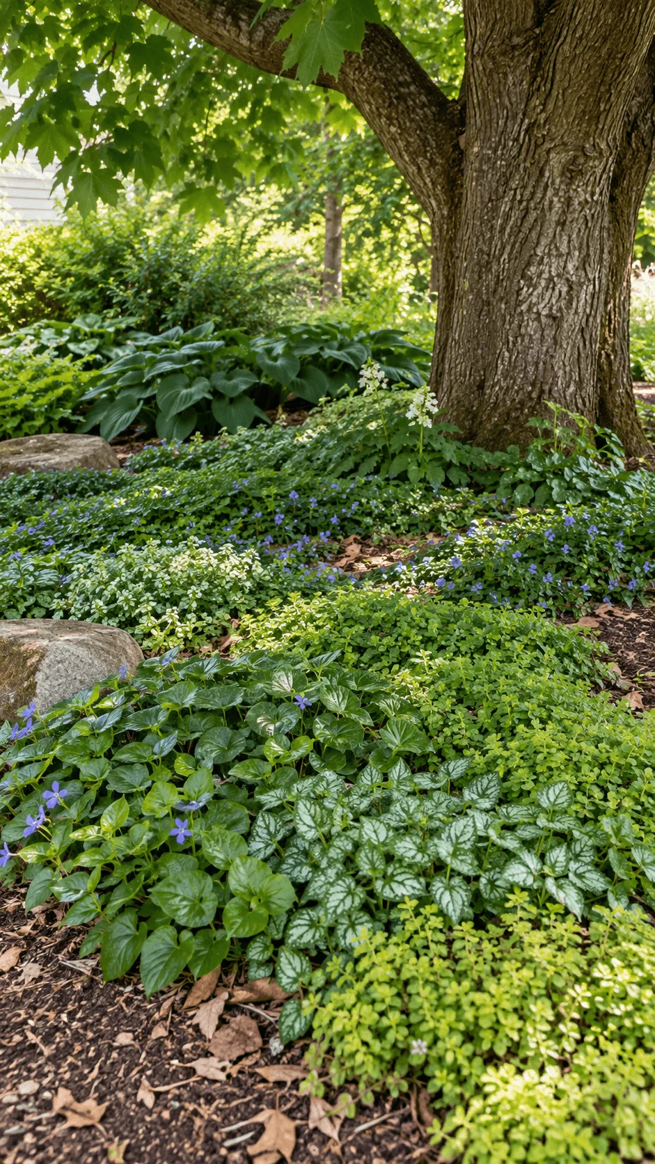 Eco friendly groundcovers beneath a mature tree with lush green foliage small blue flowers hostas natural mulch and garden rocks