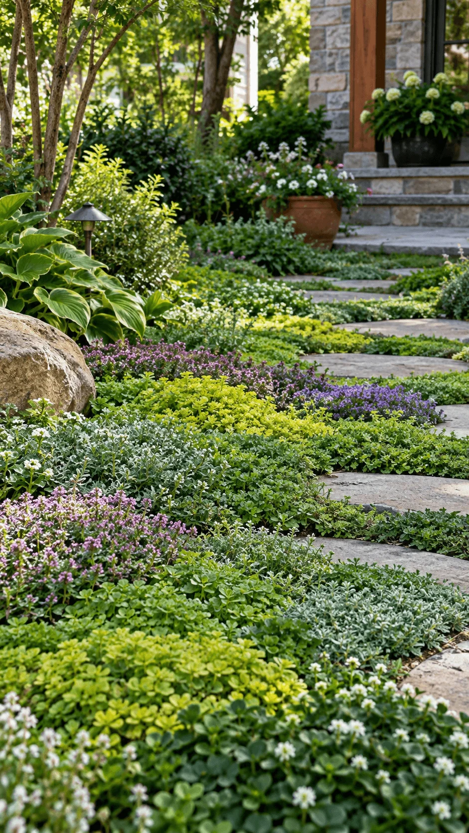 Native groundcover tapestry replacing grass with layered green foliage small purple and white flowers natural stone stepping paths and lush shade tolerant planting