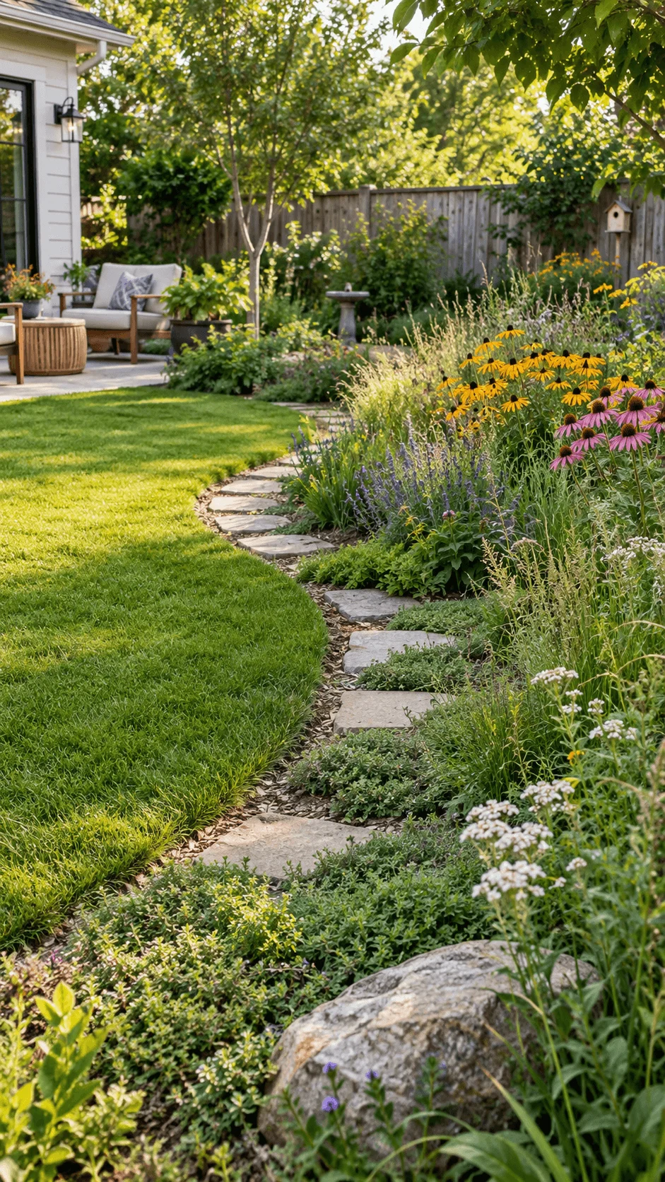 Eco friendly lawn alternative with native wildflowers, ground covers, ornamental grasses, natural stone edging and a curved garden path beside a smaller grass area