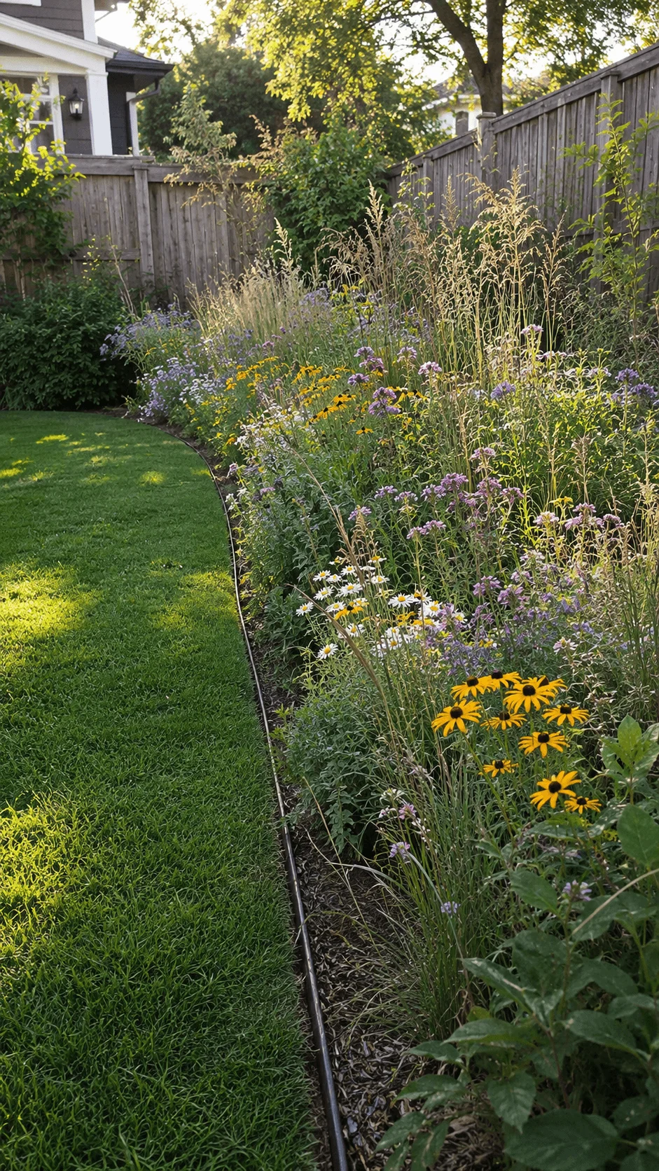 Native meadow garden with colorful wildflowers ornamental grasses and a neatly maintained green lawn in a sunny backyard