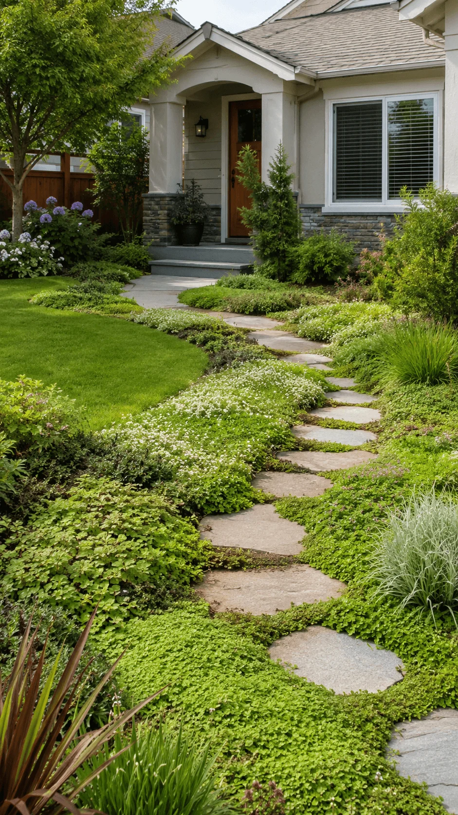 Eco friendly front yard with lush ground covers flowering plants and a natural stone pathway leading to the house entrance