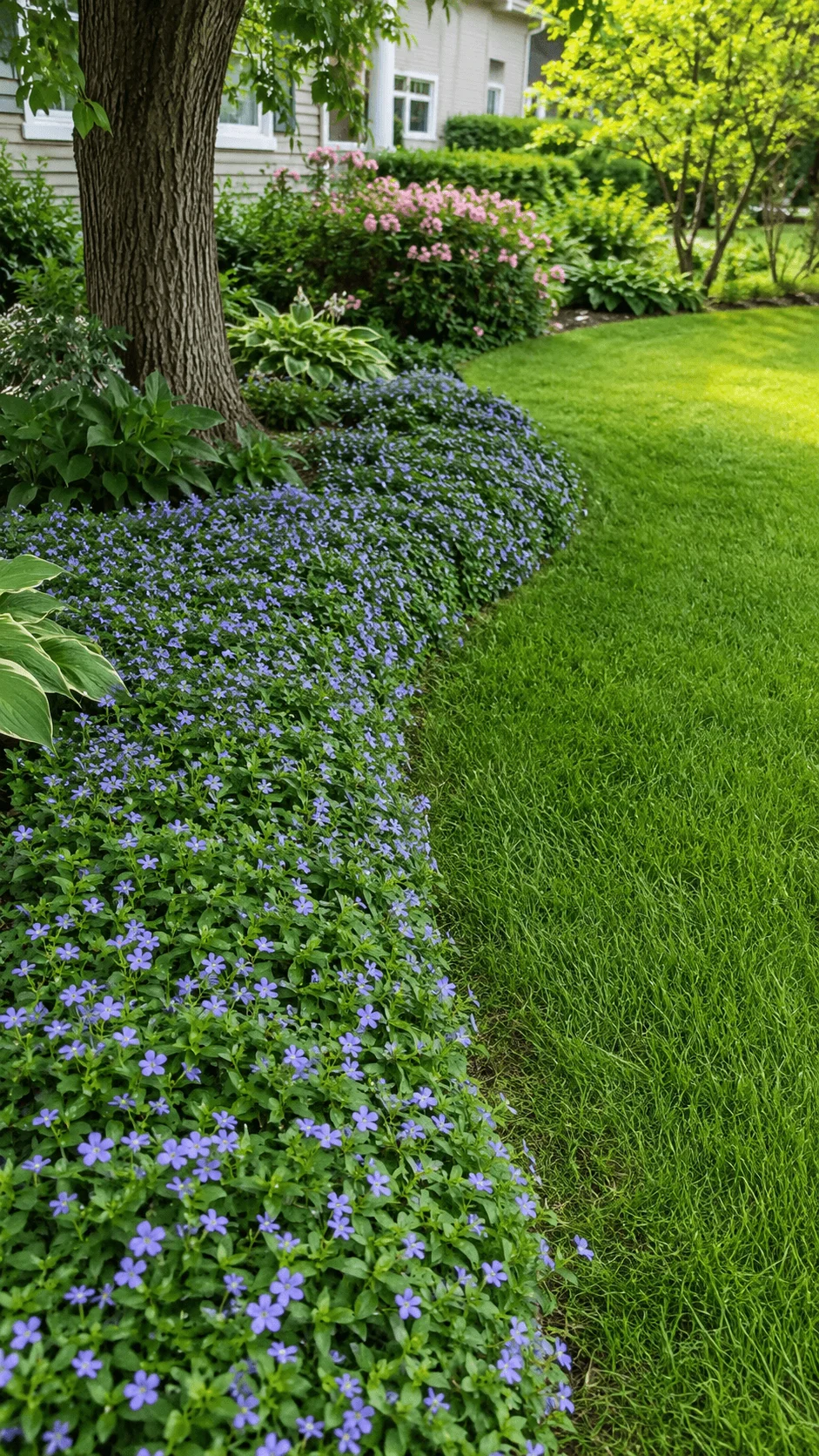 Eco friendly ground cover with small purple flowers replacing part of a traditional lawn beneath a mature shade tree