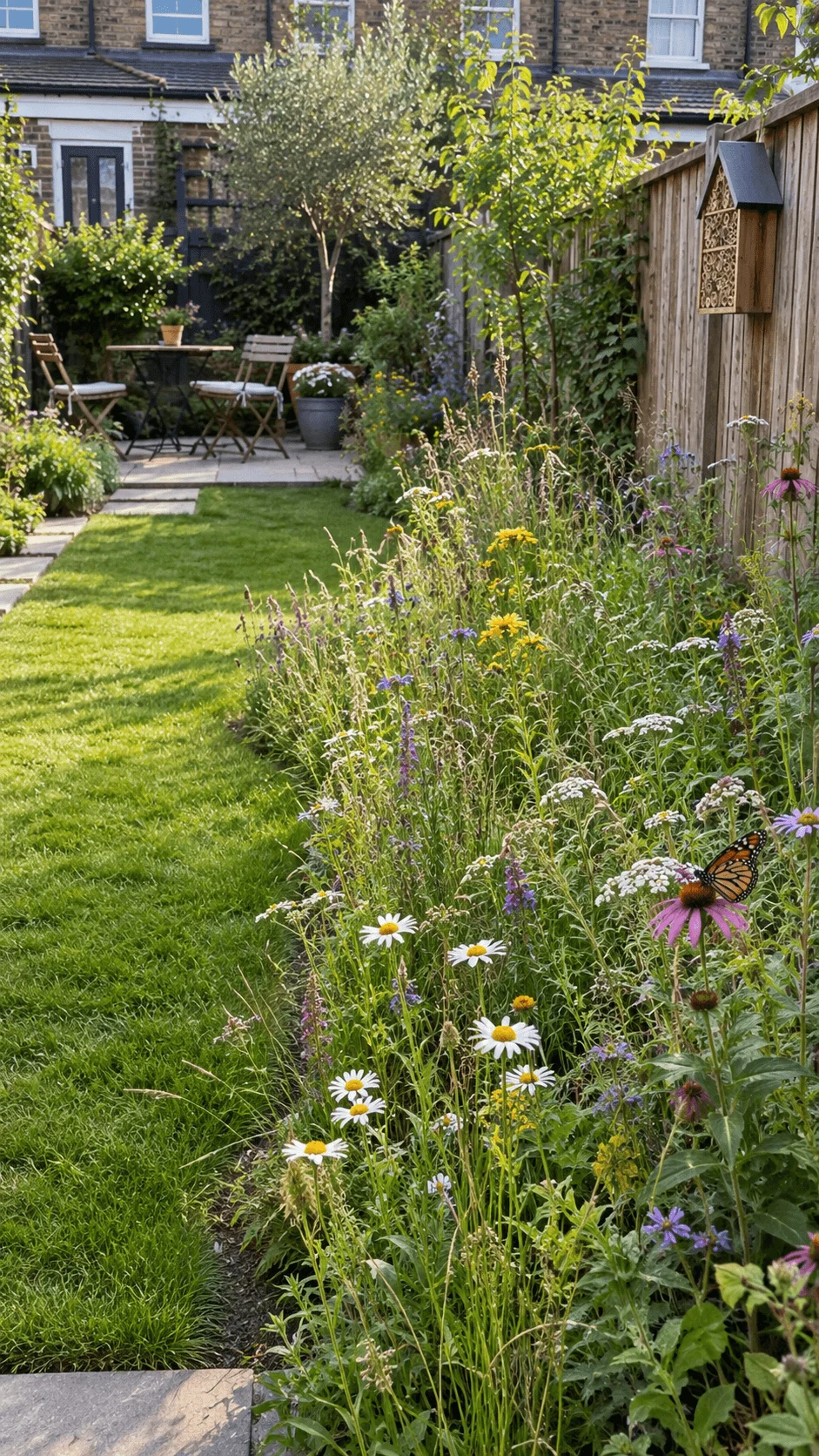Mini wildlife meadow in a terraced house garden with wildflowers daisies coneflowers butterflies green lawn seating area and insect hotel