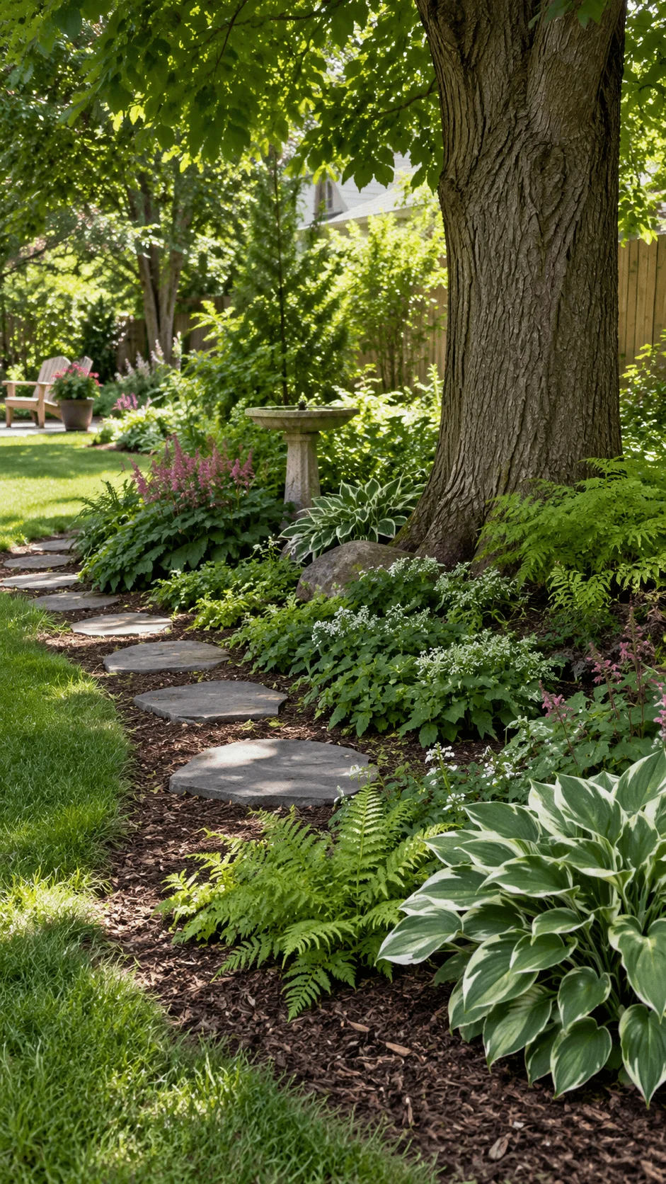 Eco friendly shade garden beneath a mature tree with hostas ferns flowering groundcovers stone stepping path and natural mulch