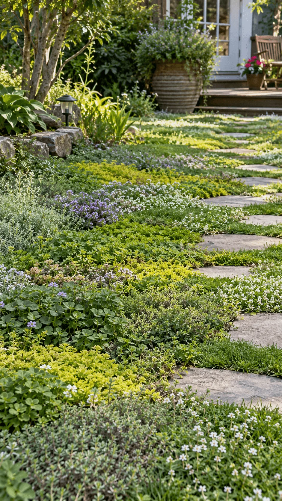 Tapestry lawn garden with low growing groundcover plants, tiny flowers, lush greenery and natural stone stepping paths leading toward a backyard patio