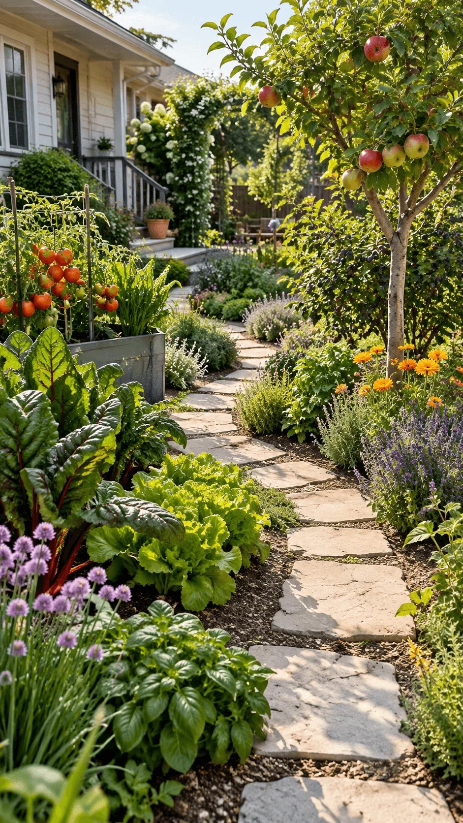 Edible landscape replacing grass with an apple tree tomatoes leafy vegetables herbs flowering plants and a natural stone garden path