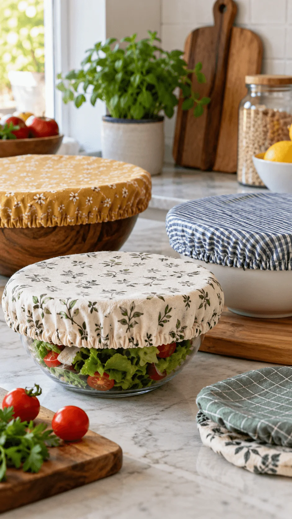 Reusable cotton and linen bowl covers with elastic edges covering bowls of fresh salad and food in a sustainable kitchen