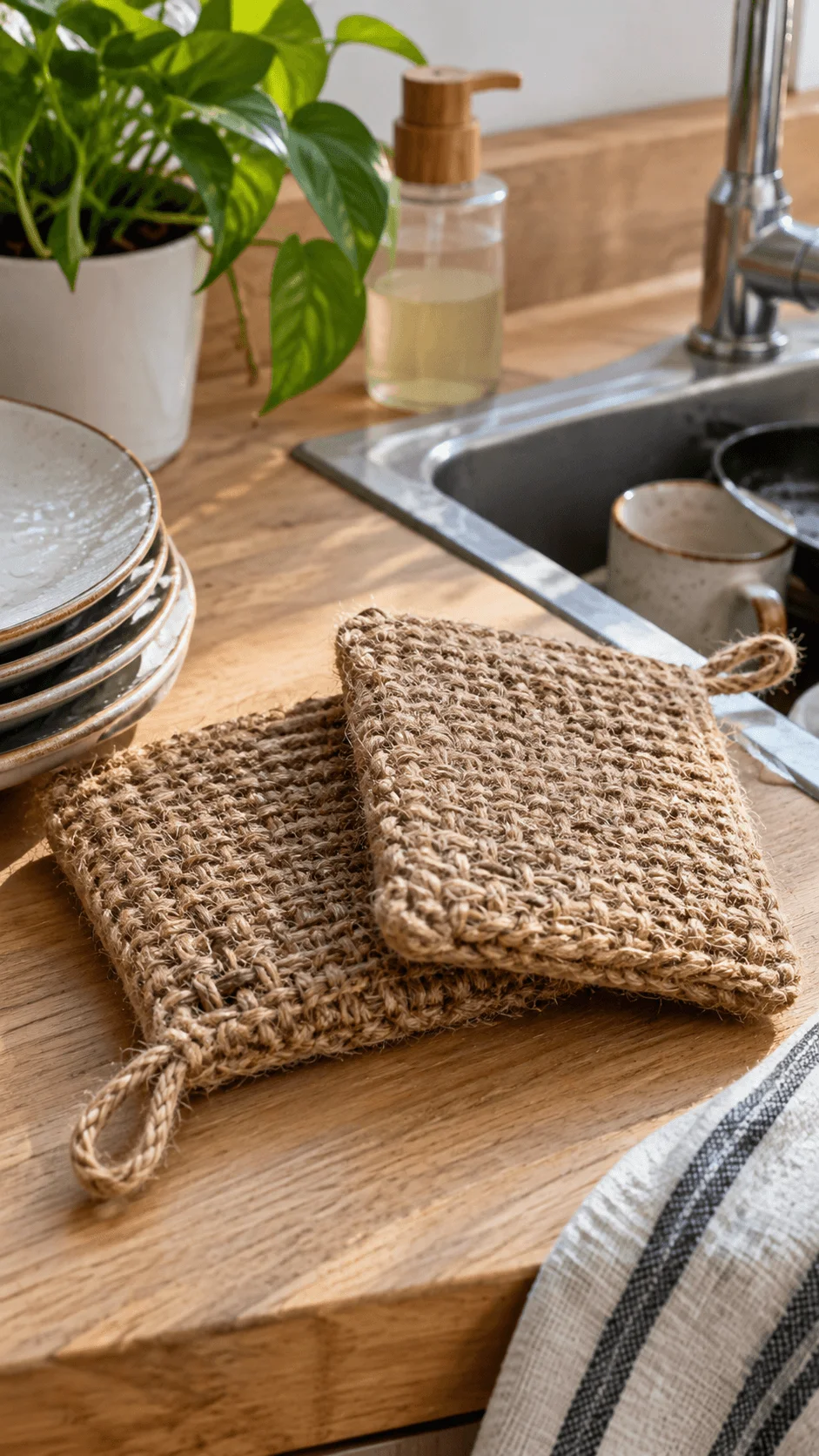 Reusable jute dish scrubbers made from natural woven fibers resting beside a kitchen sink with clean dishes and soap dispenser.