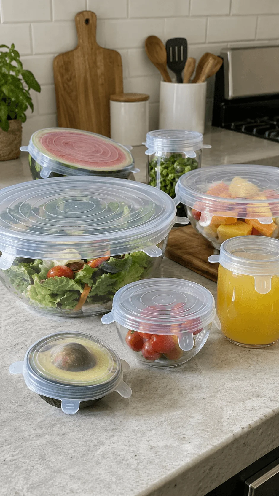 Reusable silicone stretch lids covering bowls jars fruit and fresh food for sustainable plastic free kitchen storage
