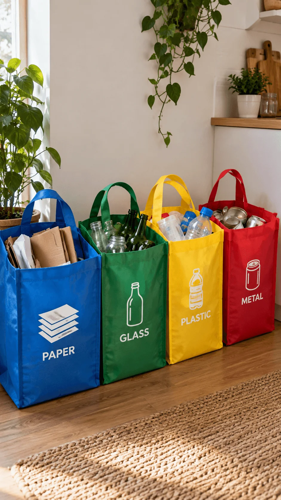 Color coded reusable waste sorting bags for paper glass plastic and metal recyclables arranged in a bright eco friendly kitchen